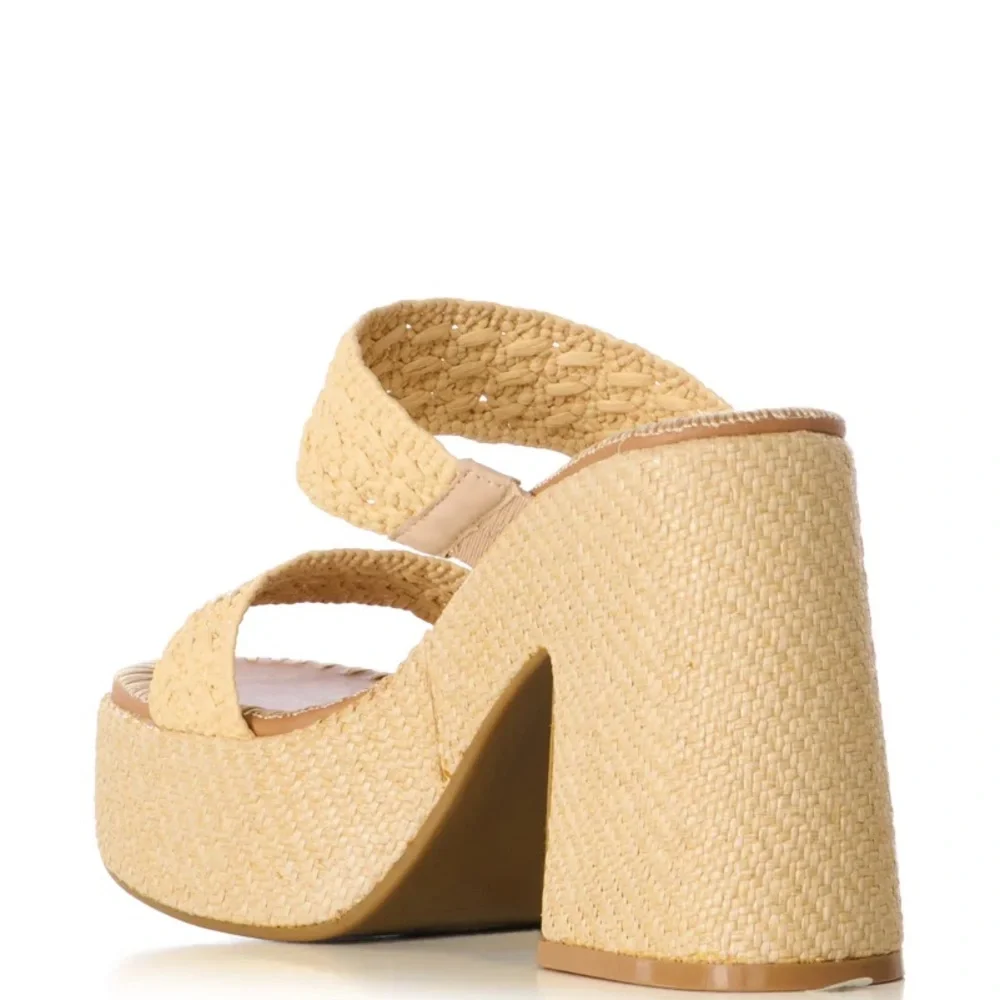 AZALEA WANG Tan Woven Raffia Crochet Platform Sandals